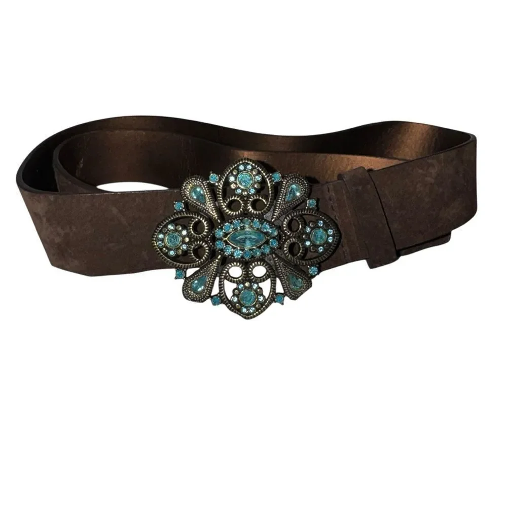 Lane Bryant Brown Genuine Leather Belt with Turquoise Floral Concho Buckle 18/20